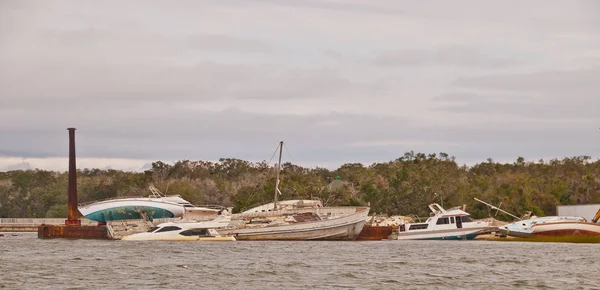 Several Sunken Boats Piled Barge Florida Hurricane Damage — Stock Photo, Image