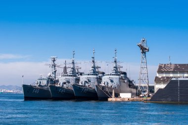 RIO DE JANEIRO, BRAZIL - AUGUST 9TH, 2018; Brazilian Navy warships anchored in military base at Guanabara Bay. clipart