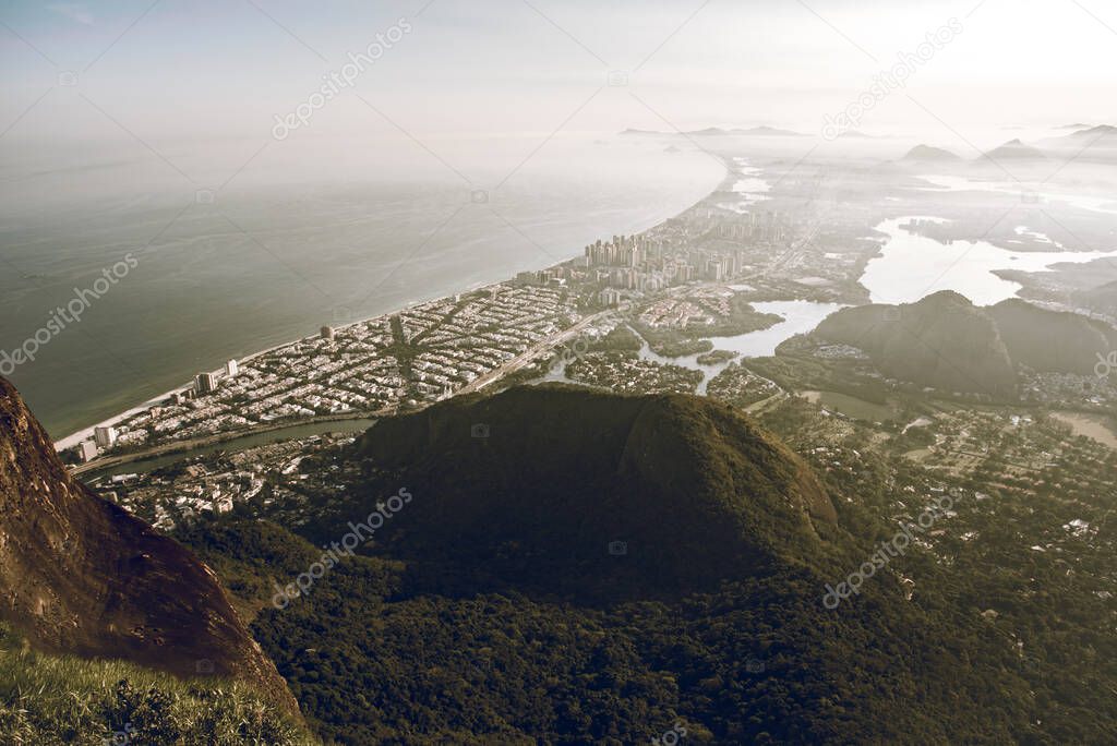 Barra da Tijuca Aerial View by Sunset in Rio de Janeiro, Brazil