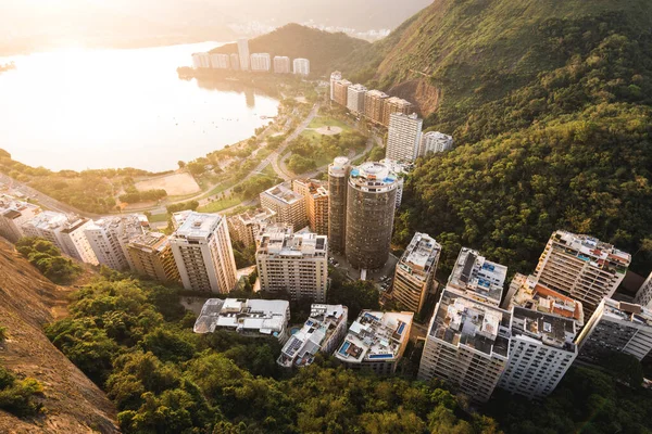 Aerial View of Apartment Buildings in Front of the Lagoon and Between Mountains in Rio de Janeiro, Brazil