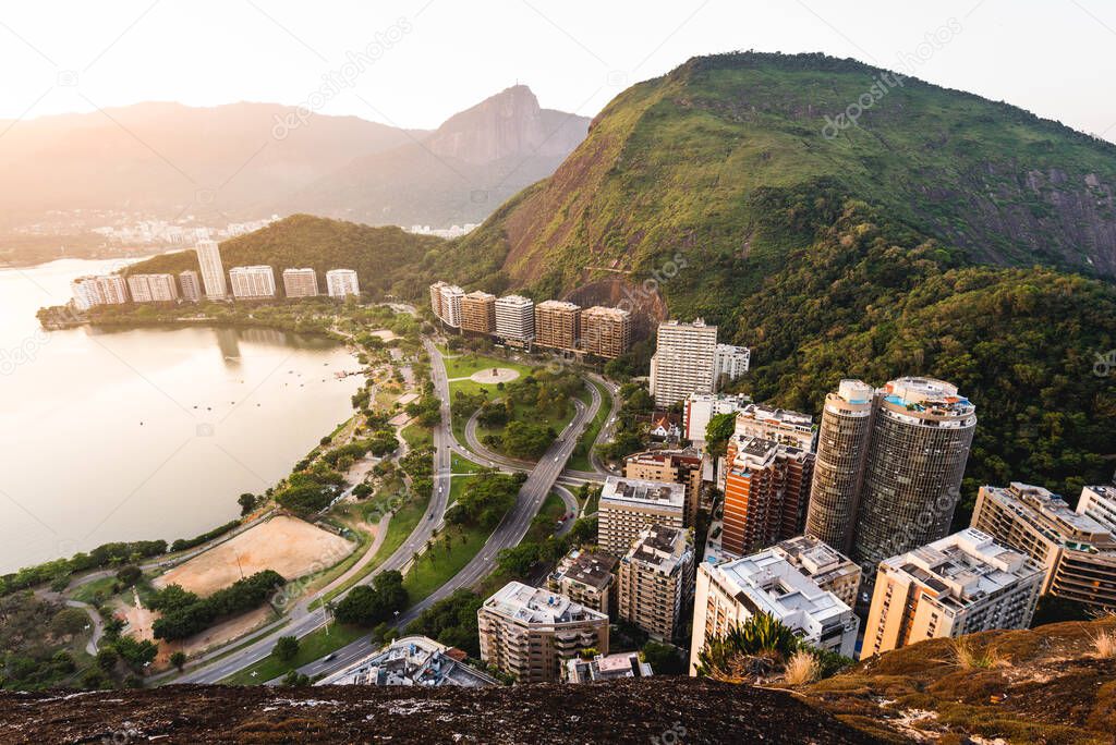Aerial View of Apartment Buildings in Front of the Lagoon and Between Mountains in Rio de Janeiro, Brazil