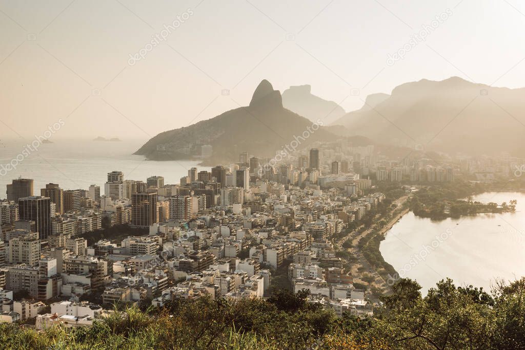 Aerial View of Buildings in Ipanema District and Two Brothers Mountain in the Horizon in Rio de Janeiro, Brazil