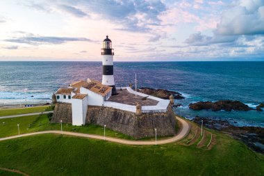 Aerial View of Farol da Barra Lighthouse With Atlantic Ocean in the Horizon, Salvador City, Northeast of Brazil