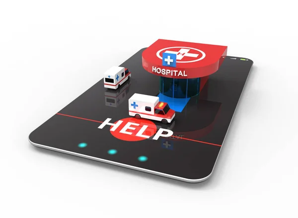 医院救护车运输与直升机场作为智能手机的概念 — 图库照片