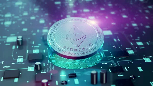 回路基板上のデジタル Cryptocurrency Ethereum シンボル — ストック写真