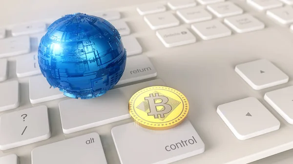 Kryptowährung Bitcoin Auf Der Computertastatur Blockchain Transferiert Strukturkonzept — Stockfoto