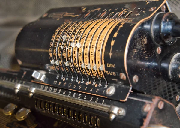 Close-up view of an old retro calculator