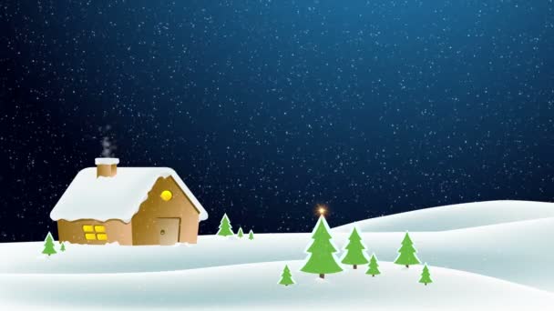 クリスマスの願いの背景テンプレートとして雪のコテージで雪を落とす Uhd アニメーションループビデオ — ストック動画