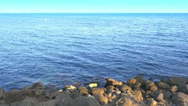 穏やかな海4K Uhdビデオで岩の海岸の眺め — ストック動画