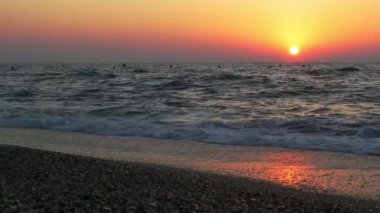 Denizüzerinde güzel gün doğumu. Gelgit ile taşlı plaj. 4k Uhd video.