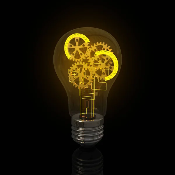 Lightbulb Gears Glowing Dark Style Cyberpunk Technological Idea Innovation Research — Stock Photo, Image