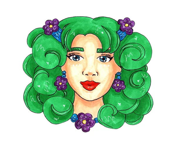 spring girl with green hair and purple flowers. illustration for postcard or print