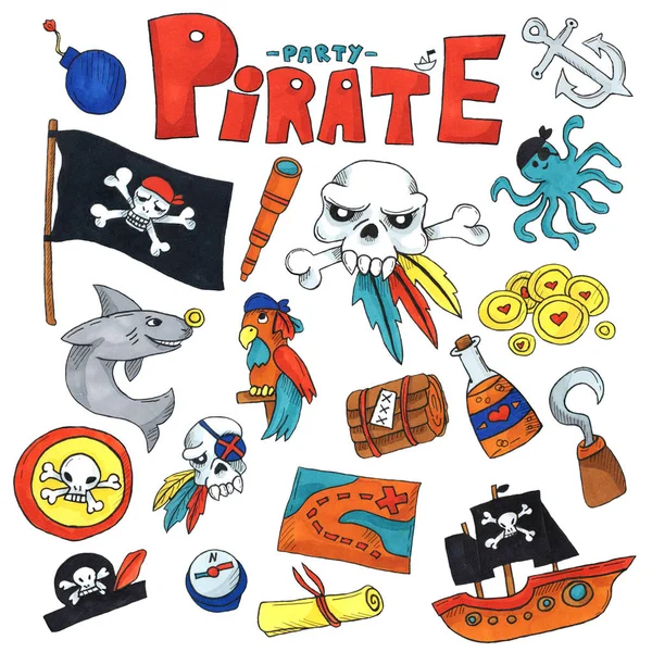 Marker art set Pirate party for children Kindergarten Kids children drawing style illustration Picutre with pirate, shark, treasure island, treasure map, skulls, flag, ship Birthday party set