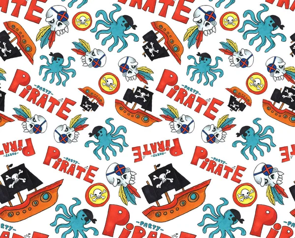pirate party seamless pattern. colorful objects repeating background for web and print purpose. marker art