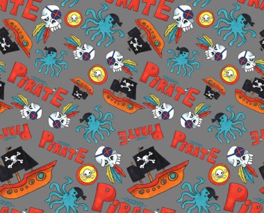 Korsan Partisi seamless modeli. renkli nesneleri yinelenen arka plan web ve baskı amacı için. Marker sanat gri arka plan