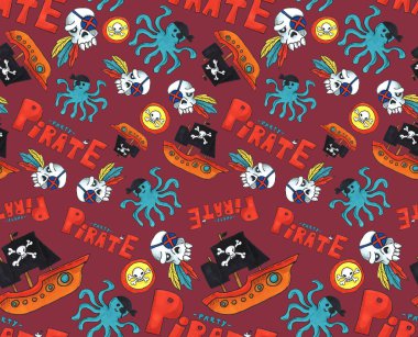 Korsan Partisi seamless modeli. renkli nesneleri yinelenen arka plan web ve baskı amacı için. Marker sanat gri arka plan