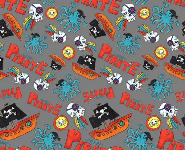 pirate party seamless pattern. colorful objects repeating background for web and print purpose. marker art grey background