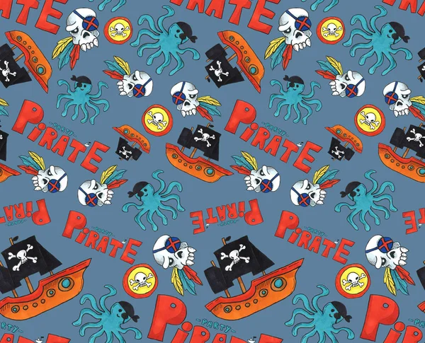 pirate party seamless pattern. colorful objects repeating background for web and print purpose. marker art blue background