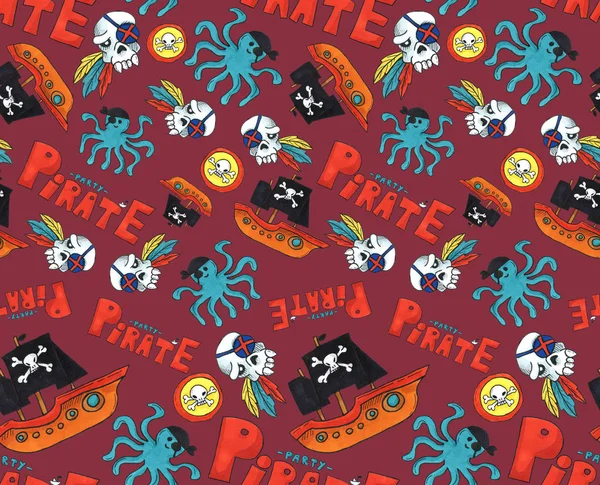 Korsan Partisi seamless modeli. renkli nesneleri yinelenen arka plan web ve baskı amacı için. Marker sanat gri arka plan