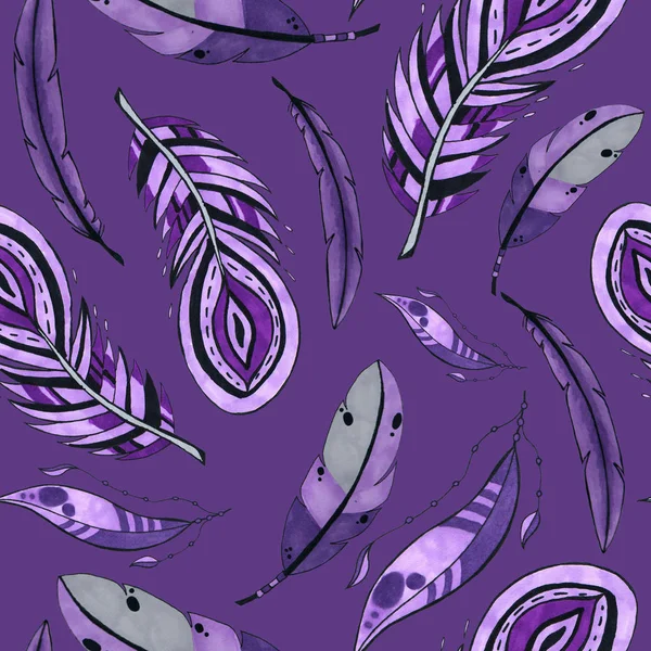 Пурпурные Перья Бесшовный Рисунок Красочные Перья Птицы Повторяющиеся Фон Веб — стоковое фото