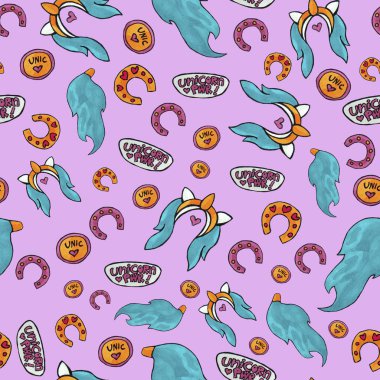 Şirin tek boynuzlu at personel seamless modeli. renkli nesneleri yinelenen arka plan web ve baskı amacı için. Marker sanat