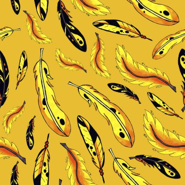 sarı ve turuncu tüy seamless modeli. web ve baskı amacı için yinelenen arka plan renkli kuş tüy.