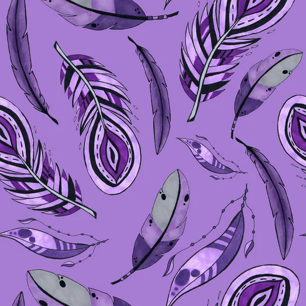 Пурпурные перья бесшовный рисунок. красочные перья птицы повторяющиеся фон для веб и печать цели . — стоковое фото