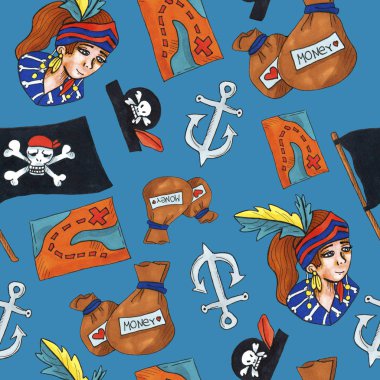 korsan seamless modeli. yinelenen arka plan web ve baskı amacı için renkli nesneleri.
