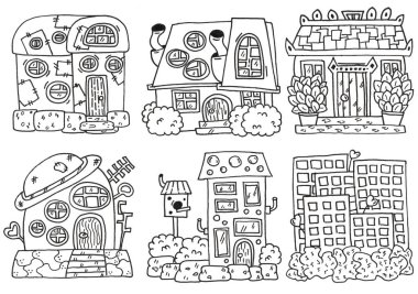 Evler çizgileri. El çizimi stikers, aktarabilir veya yazdırma için ayarlama