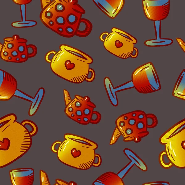 Cute pattern of kitchenware and utensils illustrations.