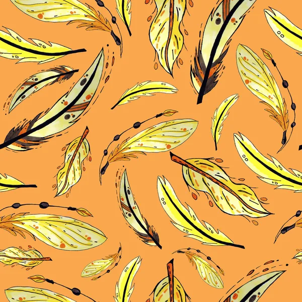 Yellow and orange feathers seamless pattern. — Stock Photo, Image
