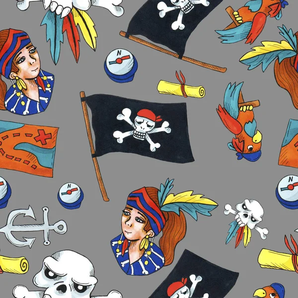 Piraten nahtlose Muster. bunte Objekte mit sich wiederholendem Hintergrund für Web- und Druckzwecke — Stockfoto