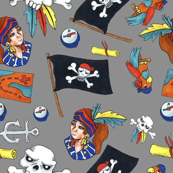 Pirate seamless pattern. colorful objects repeating background for web and print purpose Royalty Free Stock Photos