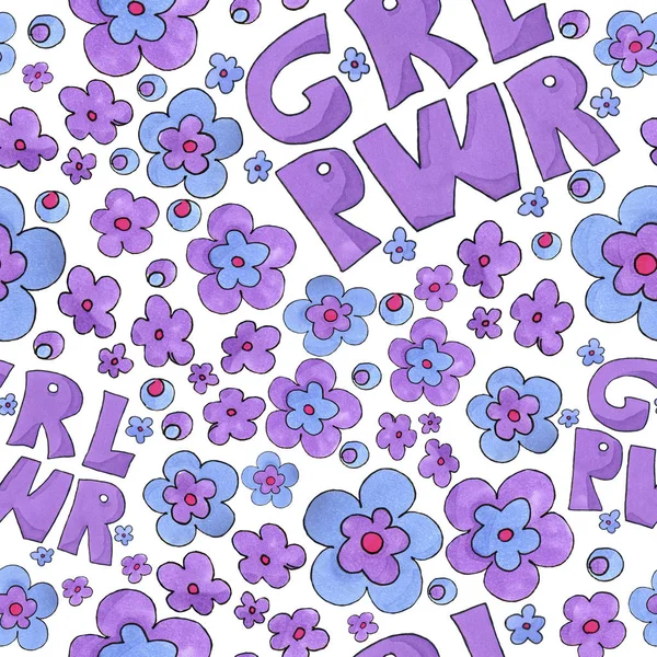 Girl Power mönster. GRL pwr med färgglada blommor - markör konst. — Stockfoto