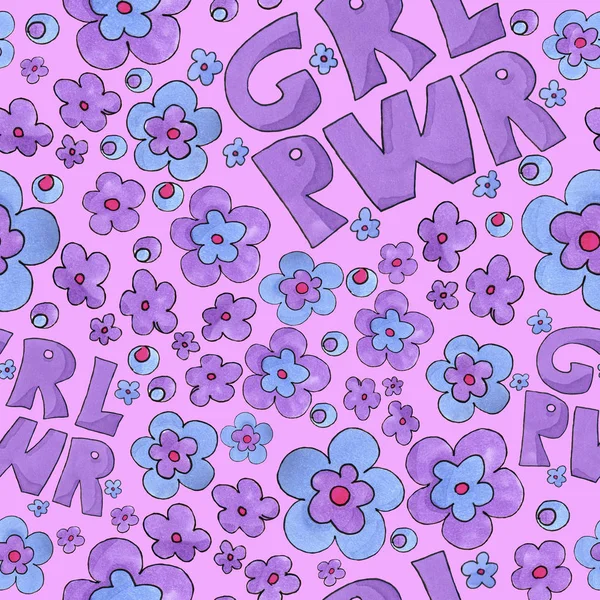 Modello Girl Power. grl pwr con fiori colorati - arte pennarello . — Foto Stock