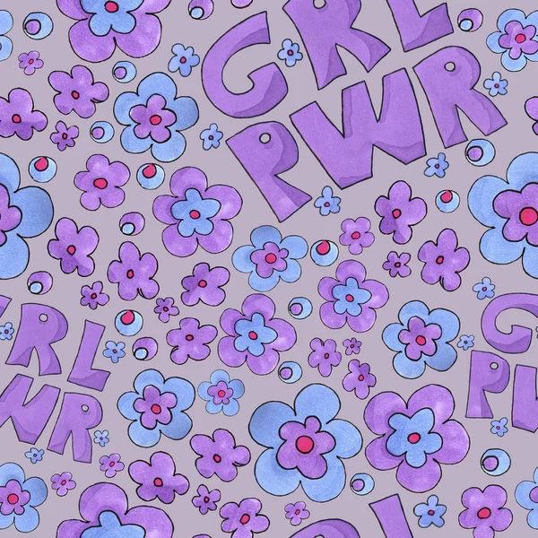 Modello Girl Power. grl pwr con fiori colorati - arte pennarello . — Foto Stock