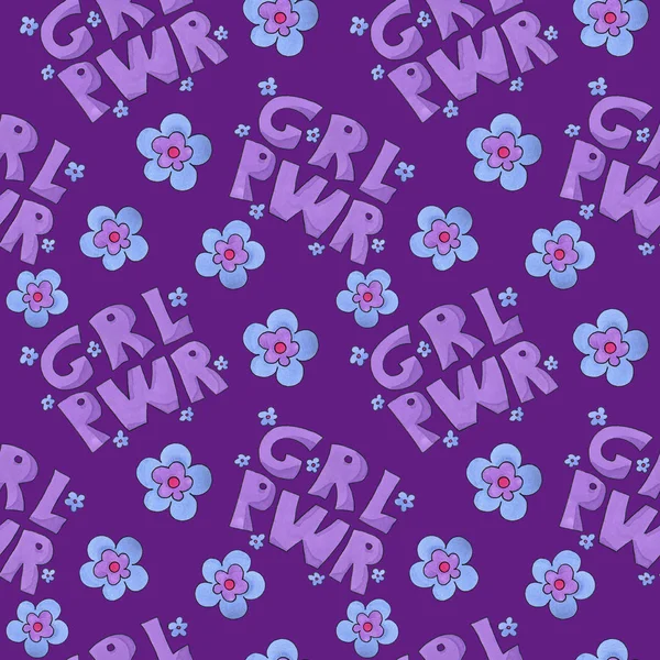 Modello Girl Power Grl Pwr Con Fiori Colorati Arte Pennarello — Foto Stock