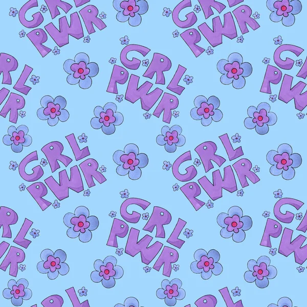 Girl Power Pattern Grl Pwr Colorful Flowers Marker Art — Stock Photo, Image