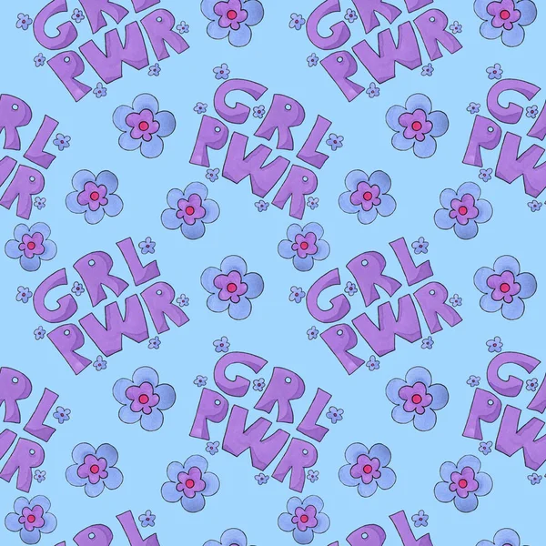 Modello Girl Power Grl Pwr Con Fiori Colorati Arte Pennarello — Foto Stock