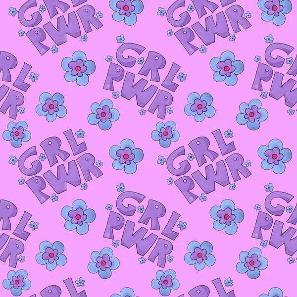 Patrón Girl Power Grl Pwr Con Flores Colores Arte Marcador — Foto de Stock