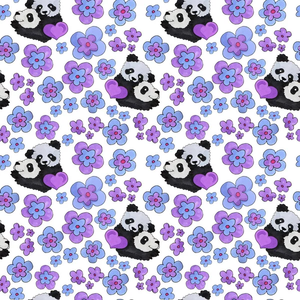 cute panda pattern. background for web and print purpose. marker art  with flowers