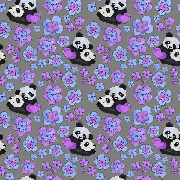 Cute Panda Pattern Background Web Print Purpose Marker Art Flowers — Stock Photo, Image