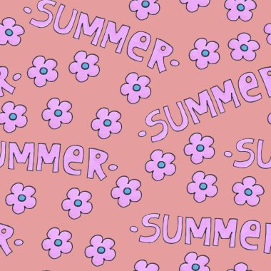 Arka plan veya paket için pembe yaz deseni. Çiçeklerle mevsim kavramı. El yazısı modern harfler.