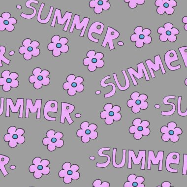 Arka plan veya paket için pembe yaz deseni. Çiçeklerle mevsim kavramı. El yazısı modern harfler.