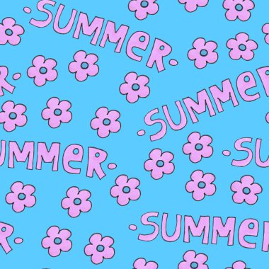 Arka plan veya paket için pembe yaz deseni. Çiçeklerle mevsim kavramı. El yazısı modern harfler.