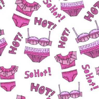  Rgbpink iç çamaşırı dikişsiz desen. Marker Sanat iç çamaşırı duvar kağıdı tasarımı. Desen el çizilmiş illüstrasyon. Sütyenler ve külot karalama. Moda ambalaj arka plan