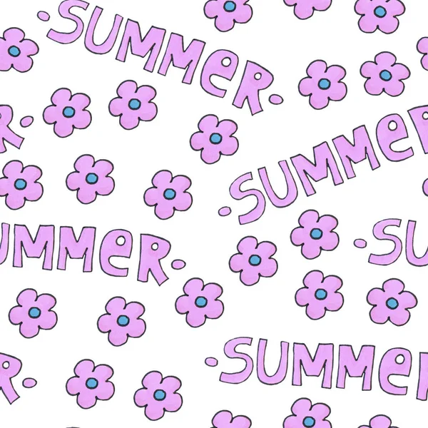 Pink summer pattern for background or package. Seasons concept with flowers. Handwritten modern lettering. — Stock Photo, Image