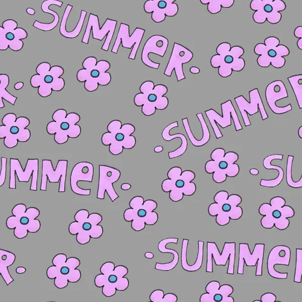 Pink summer pattern for background or package. Seasons concept with flowers. Handwritten modern lettering. — Stock Photo, Image