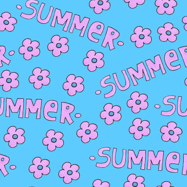 Pink summer pattern for background or package. Seasons concept with flowers. Handwritten modern lettering. — Stock Photo, Image