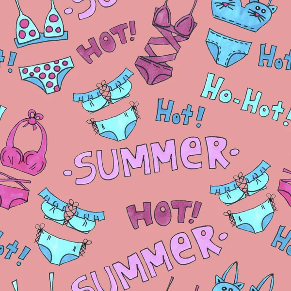 Pink and Blue lingerie seamless pattern. Marker Art underwear wallpaper design. Pattern hand drawn illustration. Bras and panties doodle. Summer packing background — Stock Photo, Image